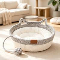 Panier-lit multifonctionnel pour chat en corde de coton tressée à la main avec balles jouets et poignées en forme d'oreilles de chat pour chats d'intérieur