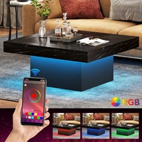Table basse moderne convertible carrée en bois d'ingénierie avec LED pour salon (Faux marbre noir + noir)