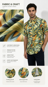 Camisas de Manga Corta para Hombre, 100% Lyocell, Estampado de Hojas, Transpirables, Casuales, con Botones, para Vacaciones de Verano, Playa y Fiestas - Product Image 3