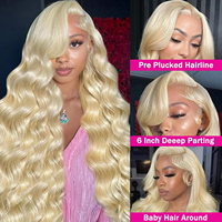 Perruque frontale en dentelle transparente 13x4, cheveux humains, 250% HD, 30-40 pouces, 613 Blond Miel, Ondulations Profondes, pour Femme