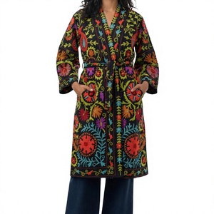 Women's <b>Long</b> Winter Bohemian Suzani Embroidered Floral 100% Cotton <b>Canvas</b> Breathable Eco-Friendly Jacket with Belt Closure ODM - Product Image 1