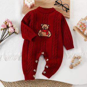 Baju kodok bayi, Jumpsuit gaya Korea musim dingin musim gugur bayi lucu kartun beruang besar rajutan jaket merangkak dengan kancing penutup kemeja Romper bayi - Product Image 4