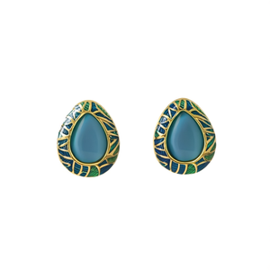Fashion <b>Stud</b> <b>Earrings</b> 316L Stainless Steel PVD Gold Plating Sustainable Resistant Teardrop Design Green <b>Blue</b> Inlay - Product Image 2