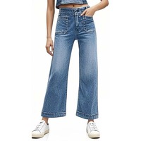Jeans évasés taille haute pour femmes Pantalons en denim à jambes larges et amples Poches plaquées sur le devant Style décontracté pour toutes les saisons