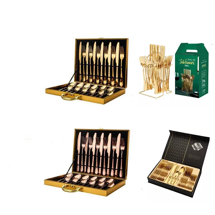 Продажа роскошных золотых столовых приборов из нержавеющей стали для ресторана, набор из 24 предметов с футляром