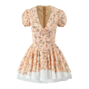 Abito Mini Casual da Donna con Scollo a V, Stampa Floreale, Maniche Corte e Lacci Frontali - Product Image 1