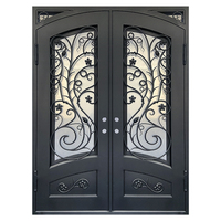 Porte d'entrée extérieure moderne en acier avec grille décorative florale, antivol, double entrée pour villa