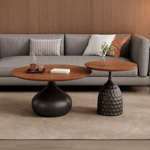 Mesa de Centro Redonda de Madera Maciza con Hierro Negro de Estilo Clásico Moderno, Mesa Auxiliar de Lujo para Sala de Estar con Diseño Simple de Viga de Roca - Product Image 3