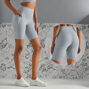 กางเกงขาสั้นออกกำลังกายเอวสูงสำหรับผู้หญิง ขายส่ง คุณภาพดี กระชับหน้าท้อง ผ้าไนลอนผสมสแปนเด็กซ์ มีเชือกผูก แห้งเร็ว มีกระเป๋า - Product Image 2