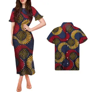 Ropa de pareja personalizada Dashiki africano, estampado de cera, informal, volantes, manga corta, cuello redondo, Midi, ceñido al cuerpo, camisas a juego para hombre y mujer