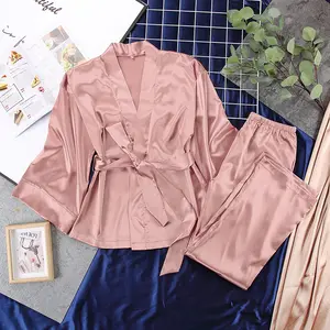 Customized 2 Piece Sets Summer Silk Satin Women Sleepwear Pajamas Nightgown
