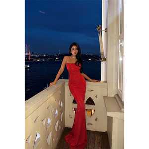 Robe de soirée longue rouge sans bretelles, taille empire, ornée de strass, pour bal de promo, grandes tailles XS-XL, longueur ras du sol - Product Image 4