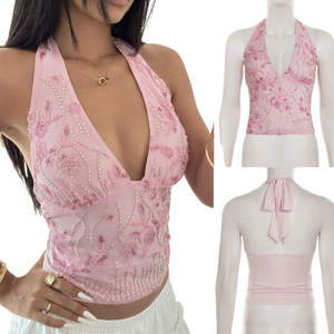 Y2K Sequin Floral Knitted Short Camisole Tank Top Low Back Sleeveless V-Neck Sexy Summer <b>Glitter</b> Front Logo Women - Product Image 1