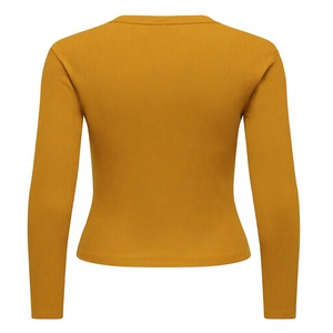 Women's Mustard Long Sleeve Knitted <b>Crop</b> <b>Top</b> O-Neck Slim Fit Casual T-Shirt Spandex Cotton Blend - Product Image 6