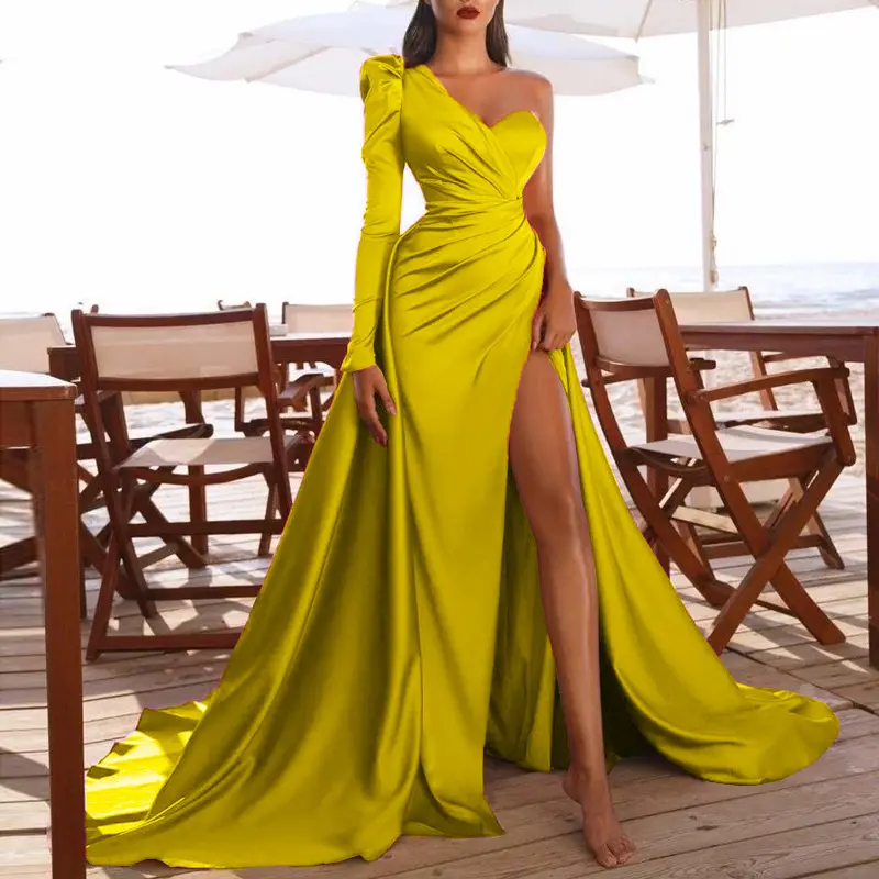 Long Sleeve Silk And Satin Women Prom Dresses Slit One Shoulder Floor-Length Skirt Banquet Evening Dress