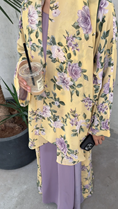 Vestido Maxi Holgado y Elegante LEDUO con Hiyab, Estampado Amarillo, Chifón, Abaya, Kimono - Product Image 2