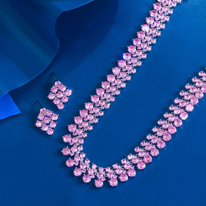 Super lujoso redondo <span class=keywords><strong>Cubic</strong></span> <span class=keywords><strong>Zirconia</strong></span> collar y pendientes compromiso boda romántico Rosa grueso gran conjunto de joyas para mujeres - Product Image 4