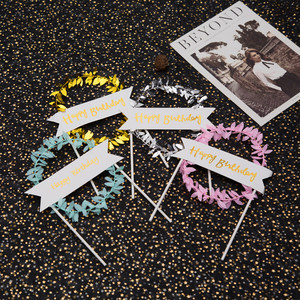Happy Birthday Cake Decorations Leaf Wreaths Gold Silver Pink Blue Plastic Reusable Birthday Party Table Toppers - Product Image 2