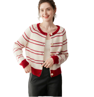Cardigan rayé 100 % coton personnalisé pour femme, col rond, bordure contrastante, boutons sur le devant, poches plaquées, style preppy, collection automne