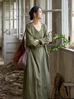 RO9211 Robe longue en lin respirant pour l'automne, style islamique, manches longues, coupe ample, avec lien, Abaya longue pour femmes modestes, usage quotidien