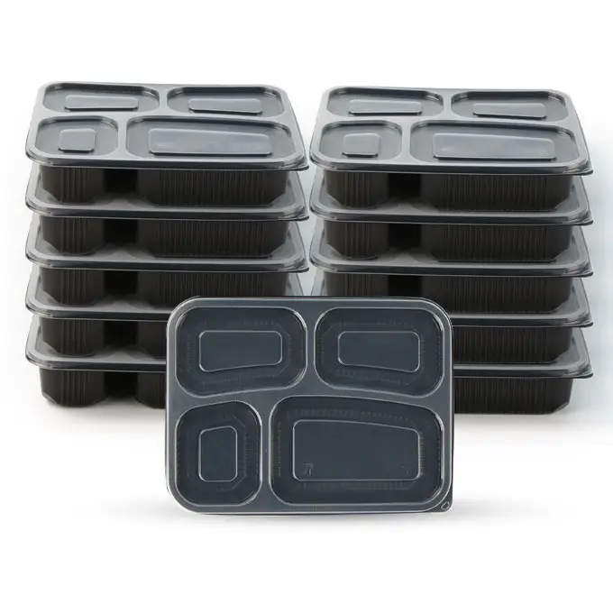 Recipientes rectangulares de plástico reutilizables para llevar contenedores de almacenamiento de preparación de alimentos seguros para microondas con tapas