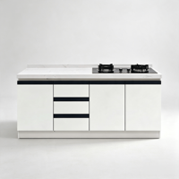 Meuble de cuisine bas minimaliste moderne modulaire sans poignée, design bicolore bleu sarcelle et gris, avec tiroirs et plaque de cuisson à gaz en marbre, pour appartement et hôtel