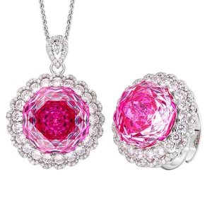 Fashion Eco-friendly Copper Rose Cut 18MM Pink Zircon Gold Plated Pendant Ring Set Floral Jewelry Set for Parties - Product Image 1