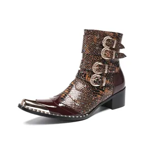Botas <span class=keywords><strong>Chelsea</strong></span> de cuero con patrón de serpiente a la moda para hombre, botas cortas de vaquero con punta en pico y hebilla de gran tamaño para motocicleta - Product Image 6