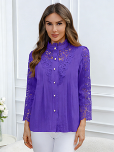 Blusa Joyinspring Primavera/Verano 2026, Talla Grande, Bordada, de Chifón Sólido, Casual, con Encaje, Cuello Redondo y Manga Larga - Product Image 3