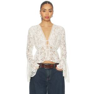 Blouse cardigan d'été pour femme, style Y2K, blanc crème, transparente, sexy, à manches trompette à volants, en dentelle, col en V profond, cintrée à la taille, ODM - Product Image 1