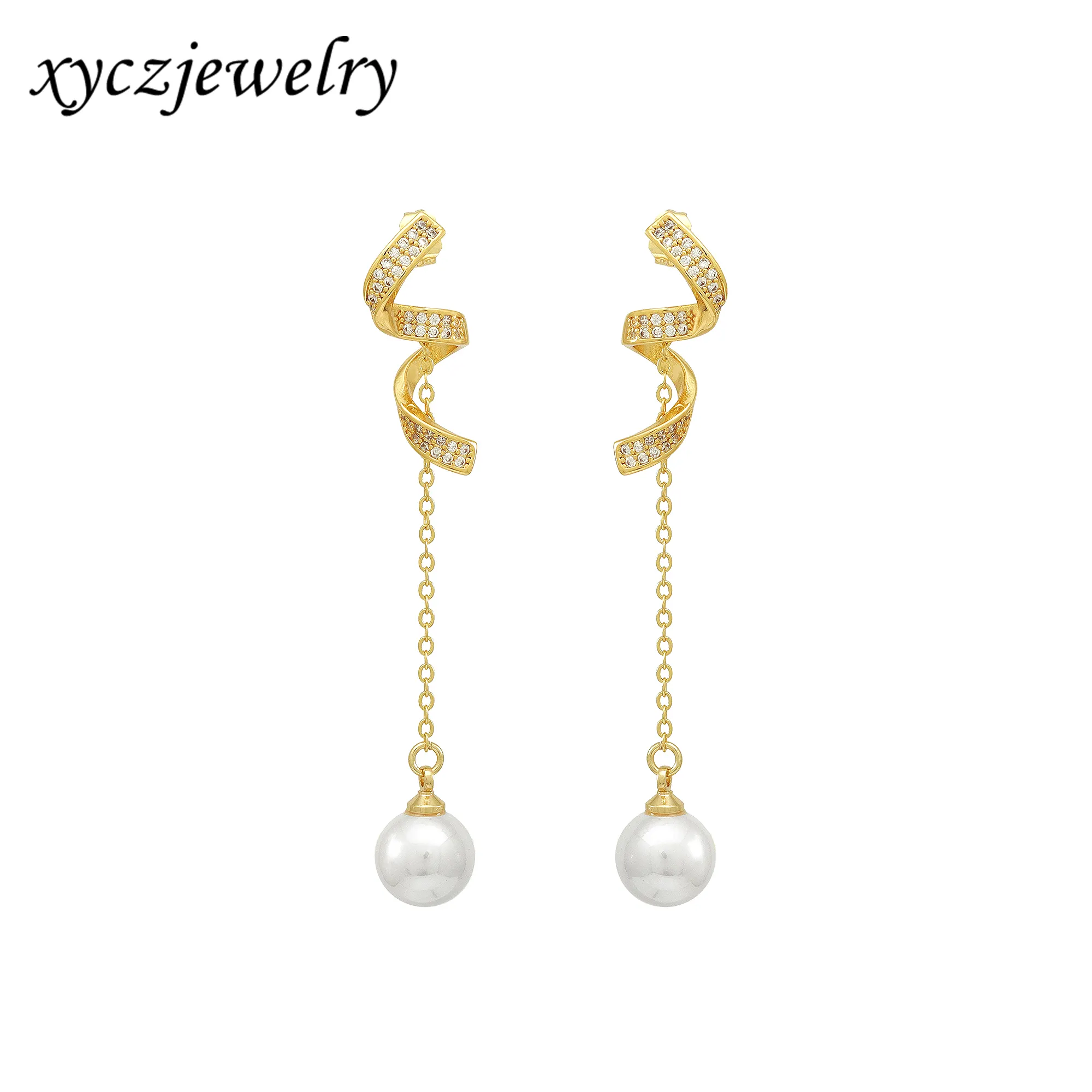 Delicate Ribbon Shape Long Chain White Pearl Drop Earrings For Women