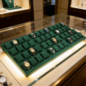 Ensemble de présentoirs de luxe en microfibre verte avec logo personnalisé pour montres et bijoux, support de présentation pour bracelets et montres - Product Image 1