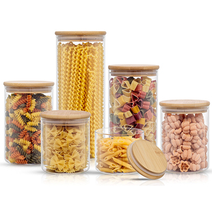 Frasco Redondo Vacío de Vidrio de Borosilicato para <span class=keywords><strong>Cocina</strong></span>, Frasco de Almacenamiento de Alimentos, Especias y Pasta con Tapa de Bambú Hermética - Product Image 1