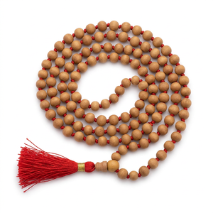 Traditional Riddhi Siddhi Wooden Prayer Beads with Red Tassel Natural Dark Golden Brown Rajasthan for Necklace Making Bulk Pack - Product Image 1