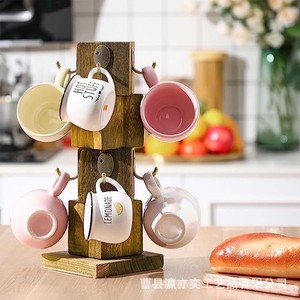 Wooden Mug Holder Desktop Rotating Coffee Cup Rack Solid Wood Hanging <b>Storage</b> <b>Kitchen</b> Organizer Retro Color 2 Layer - Product Image 4