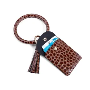Venta al por mayor llave de anillo grande-Amazon Venta caliente impreso leopardo muñeca clave de cadena de cuero de la PU de gran círculo borla de cuero llavero con monedero