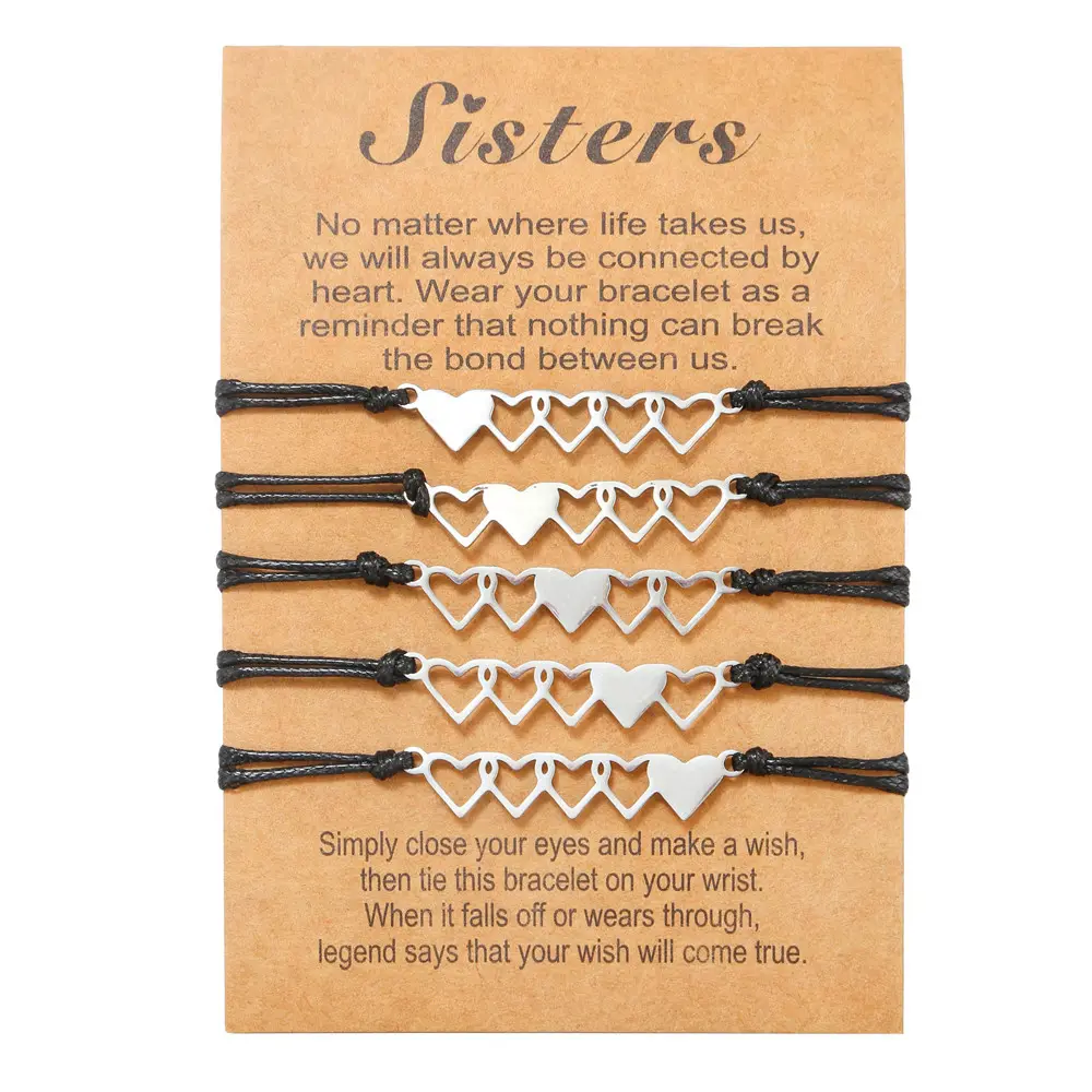 Hot Sisters Friendship Card Bracelet Creative Stainless Steel Bracelets Meaningful 5 Heart Braided Bracelet Set for Women Girl