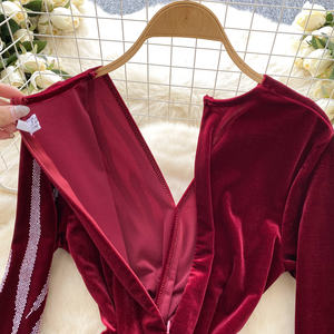 Autunno <span class=keywords><strong>elegante</strong></span> tunica <span class=keywords><strong>abito</strong></span> <span class=keywords><strong>Midi</strong></span> Casual per le donne impero Patchwork pizzo Vestidos bordeaux <span class=keywords><strong>nero</strong></span> - Product Image 4