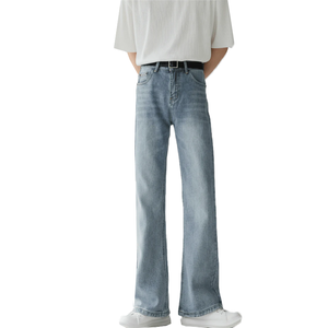 Jeans slim fit bootcut en denim noir délavé pour hommes, avec logo personnalisé, haute qualité, coupe droite micro-évasée, extensibles, style skinny - Product Image 3