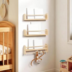 <b>Wall</b> <b>Mounted</b> Wooden Bookshelf For Kids With Hanging Rod 3 Tier Rectangle <b>Shelf</b> For Books Toys And Personal Care Items - Product Image 1