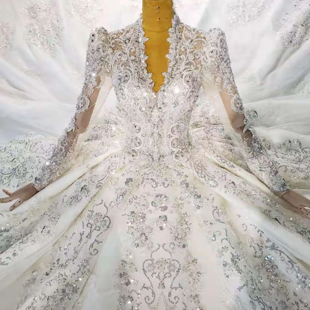 Long sleeves crystal Bll bridal dress Luxury bead Lace Arabic Wedding Dress Big Ball Gown dress For Women