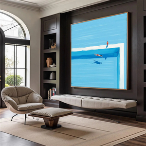 Impression d'art minimaliste sur toile avec cadre en bois, scène de piscine bleue d'été, décoration murale intérieure, peintures de natures mortes modernes - Product Image 3