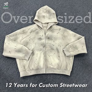 Sweat à capuche court zippé pour homme, style streetwear, effet éclaboussures de peinture personnalisées, délavé vintage, effet usé et effiloché, coupe carrée à épaules tombantes - Product Image 2
