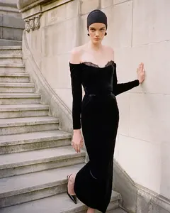 OUDINA Vestidos formales de Invierno para mujer De Noche Fiesta Banquete Vestido de terciopelo de encaje de manga larga negro para mujer