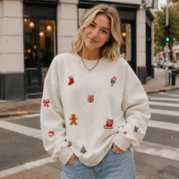 Sweat-shirt surdimensionné personnalisé pour femme, col rond, épaules tombantes, en coton vintage, broderie de Noël de haute qualité, pull décontracté