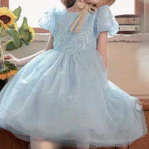 Blaue Prinzessin Baby Mädchen ärmelloses gepolstertes Netz Party-Kleid blumenstickerei Körperlanges Tütü mehrstöckige Kleider