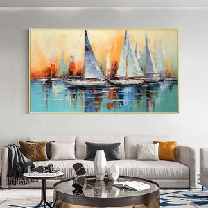 <span class=keywords><strong>Peinture</strong></span> de bateau à voile au coucher du soleil, art mural panoramique côtier, <span class=keywords><strong>peinture</strong></span> à l'huile abstraite bleue et orange peinte à la main sur toile, art mural - Product Image 3