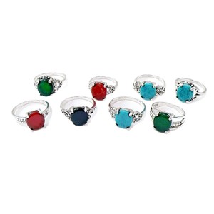 Vintage Silver Plated Gemstone Rings Round Turquoise Red Green Black Alloy Unisex Daily Wear <b>Gift</b> Jewelry - Product Image 3