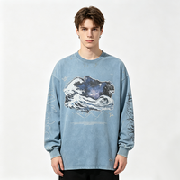 T-shirt vintage à manches longues délavé, imprimé DTG Kornit, motif vague océanique galaxie, style streetwear vieilli