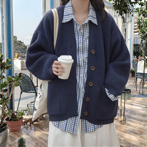 <span class=keywords><strong>Cardigan</strong></span> in Maglia di <span class=keywords><strong>Cotone</strong></span> 100% di Alta Qualità, <span class=keywords><strong>Blu</strong></span>, Scollo a V, Maniche Lunghe, Stile Casual e Comodo per Donne - Product Image 3